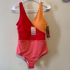 Serra Ladies Colorblock One Piece Swimsuit Swimwear Red Orange Pink Size M
